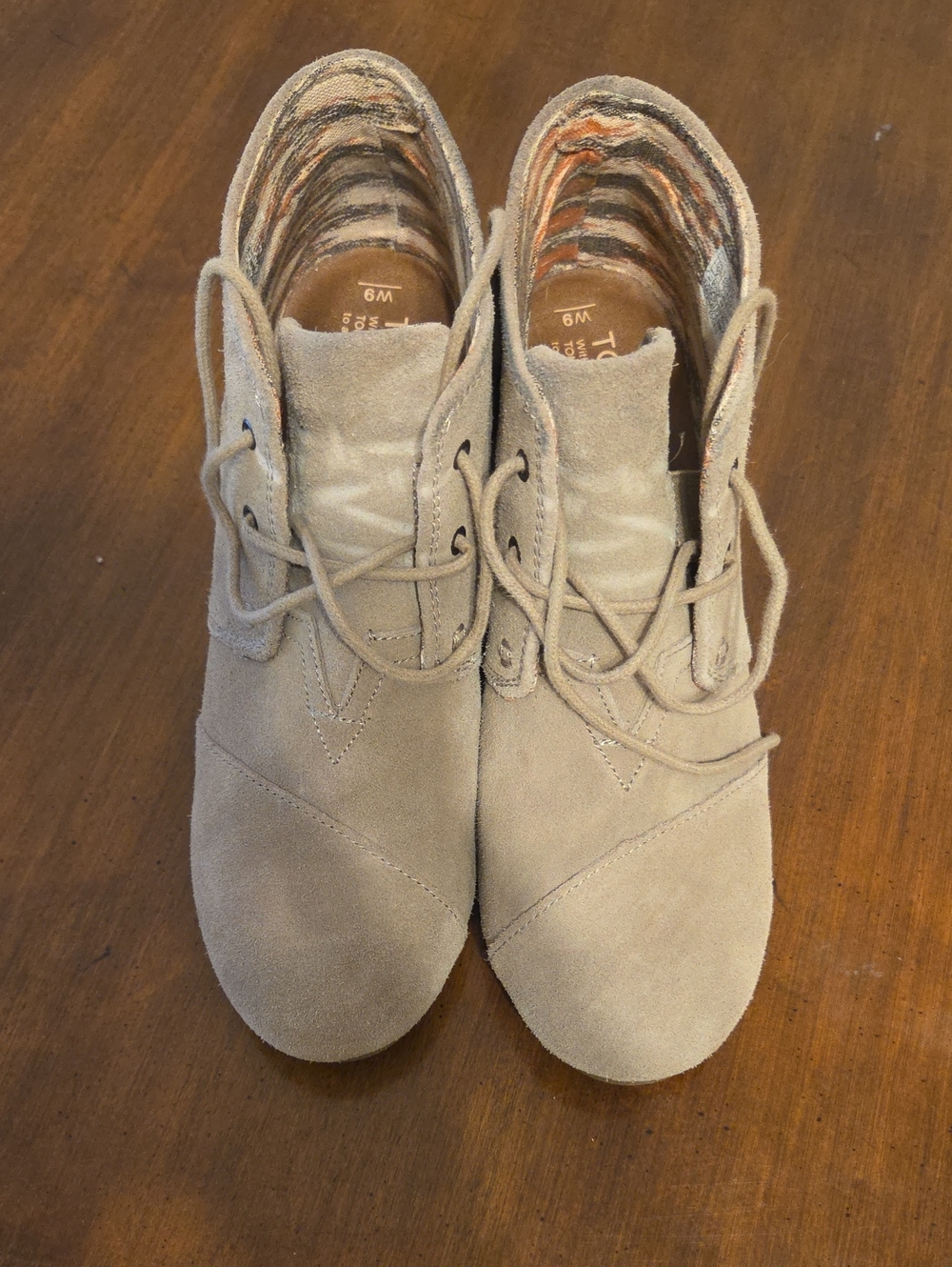 Toms Light Taupe Suede Lace-Up Wedge Booties